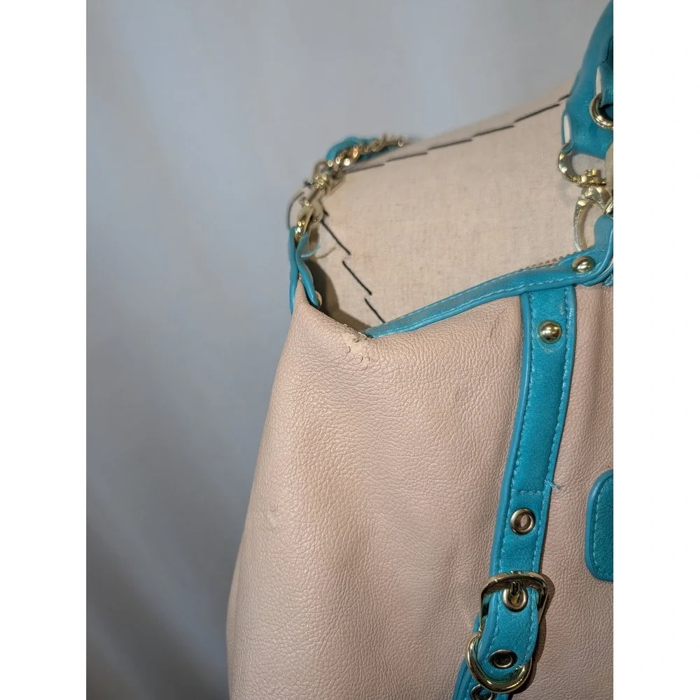 Steve Madden Two Tone Beige Teal Pebbled Faux Leather Hobo Bag Gold Hardware